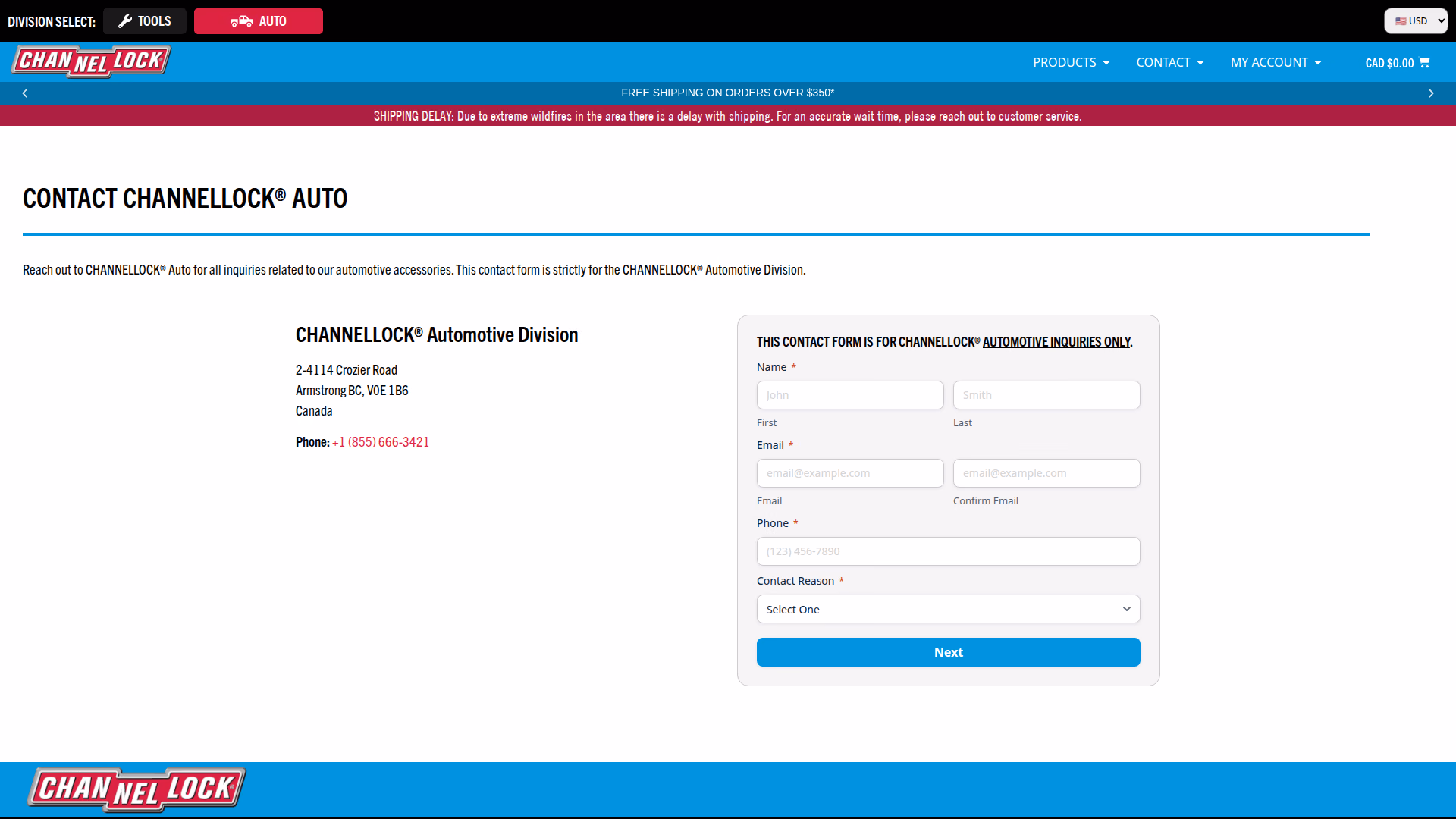 CHANNELLOCK® Automotive contact us page (desktop)